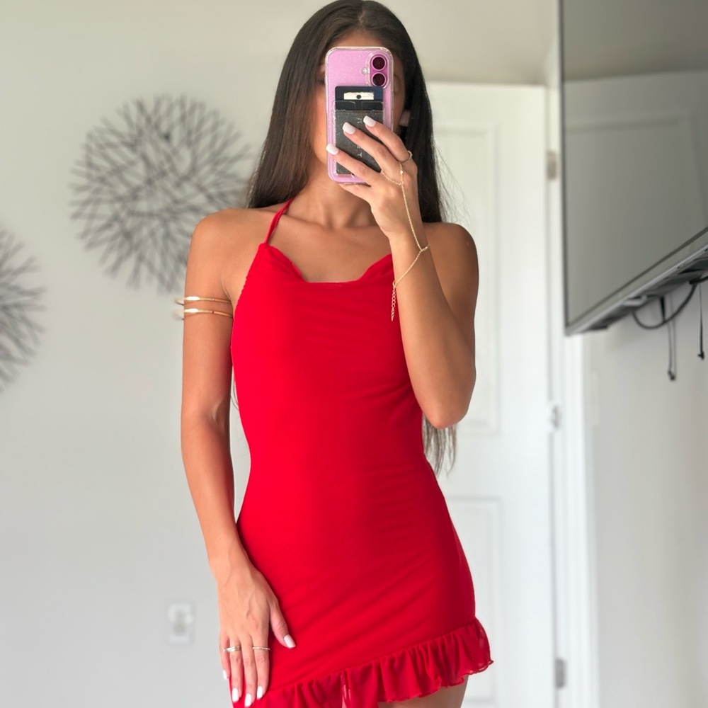 Elegant Red Ruffle Hem Dress